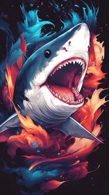 Ferocious digital shark amid swirling fire and water.