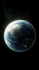 Quiet blue planet glowing softly in the velvet dark of space.