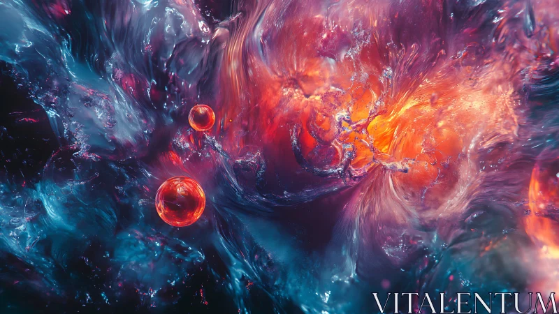 Nebular plasma vortex with luminescent crimson spheres.