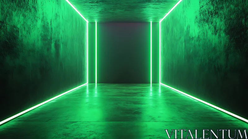 Neon green corridor glows with linear light along dark walls