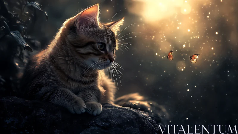 Whisker Wonder Contemplates Dancing Butterflies in Golden Twilight