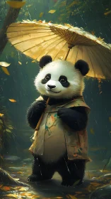 Gentle panda strolls under a paper umbrella in soft rain.