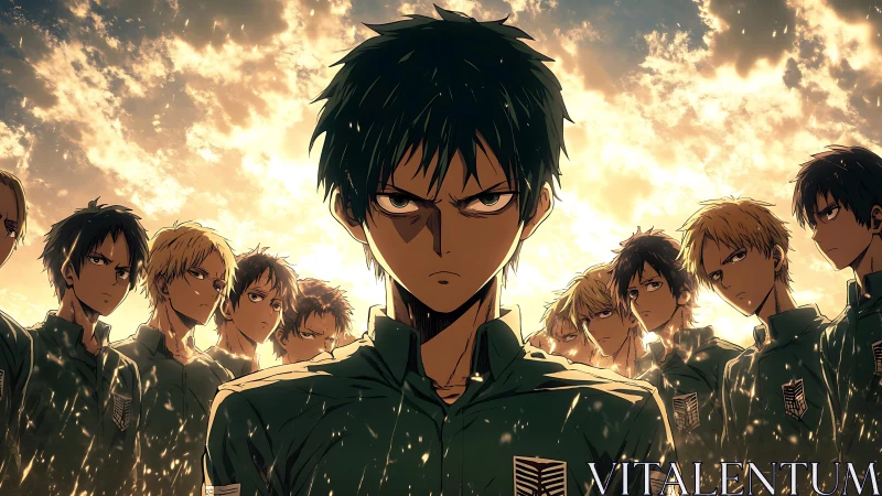 Centered anime unit stands under strong backlit sky