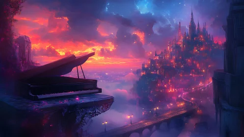 Skyborne piano coaxes a neon city to glow into evening