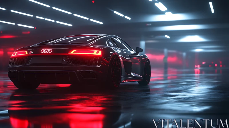 Rear three-quarter Audi R8 in wet neon-lit parking structure