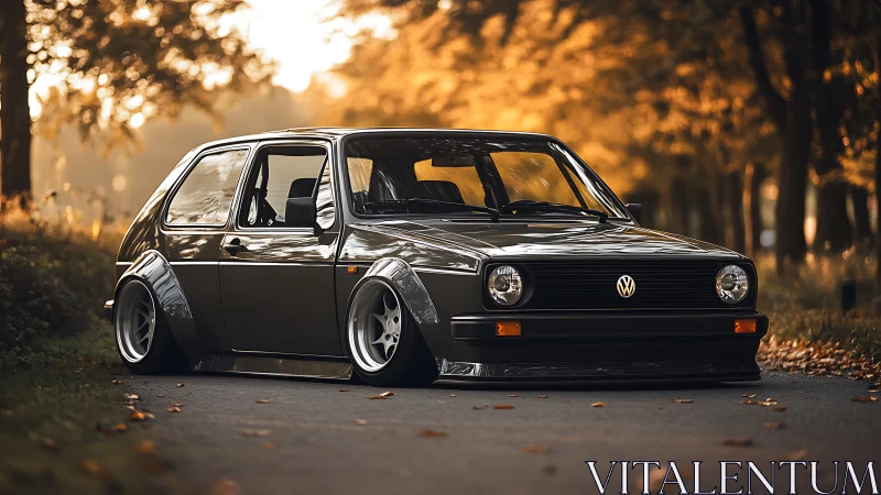Stanced vintage hatchback with widebody aero in autumn light.