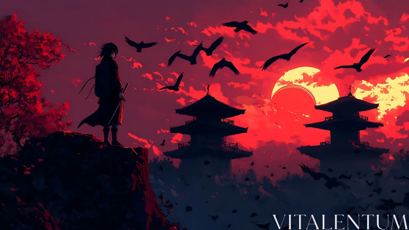 Lone samurai surveys burning red sunset over temples