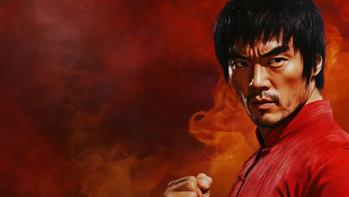 Martial artist portrait against blazing red smoke background.