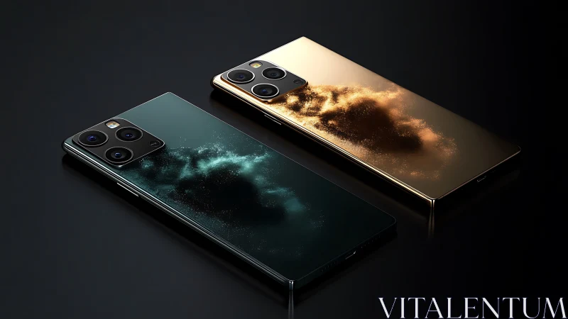 Premium dual smartphones with metallic backs on black surface.