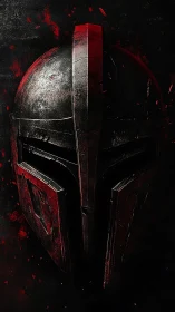 Weathered black helm with crimson blood-splatter glow.