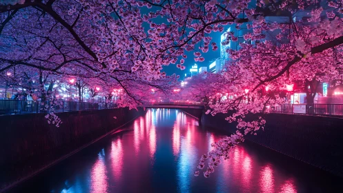 Neon cherry blossoms glow gently above a dreamy city river