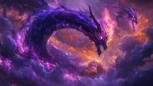 Purple spectral dragon forms in vivid storm cloud sky.