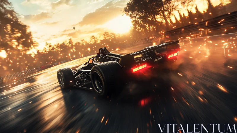 Photorealistic race car in dynamic sunset motion blur composition.