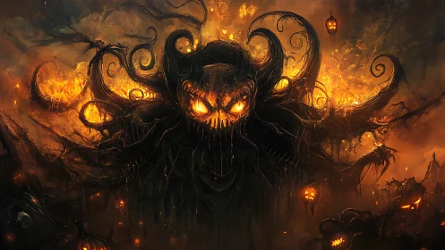 Demonic pumpkin wraith over burning Halloween landscape.