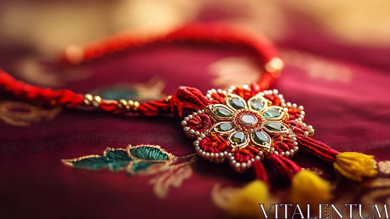 Radiant traditional rakhi resting on rich festive fabric.