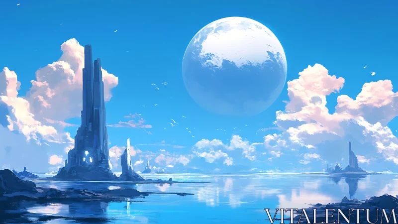 Futuristic coastal towers under large distant planet.