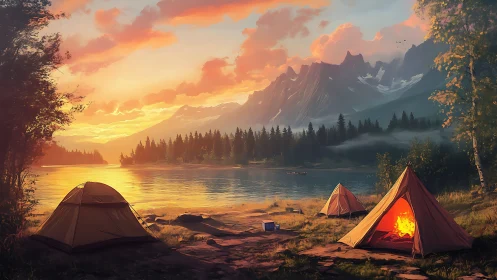 Golden hour lakeside campsite beneath rugged peaks.
