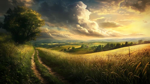 Rural dirt path through fields under dramatic clouded sky.
