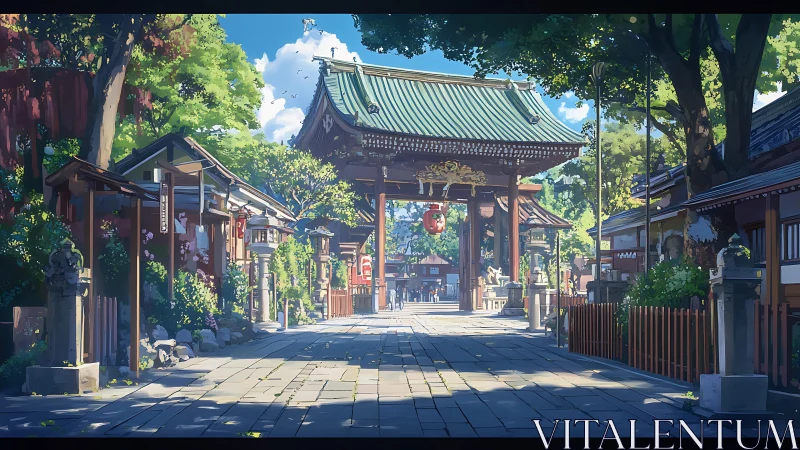 Sunlit Japanese shrine street with traditional gate view.