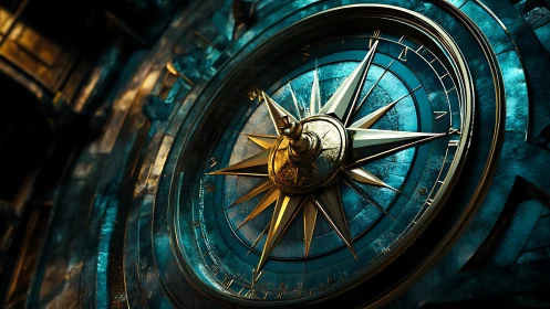 Gilded compass rose glows within a teal mechanical dial