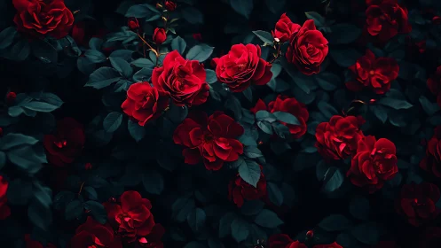 Lush Red Roses Bloom in Moody Garden Light