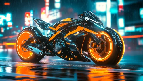 Cyberpunk neon motorcycle on slick futuristic city street.