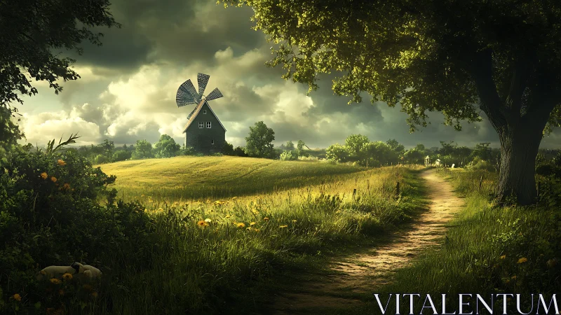 Windmill overlooks sunlit rural meadow under storm clouds