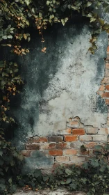 Aged brick wall with green foliage and peeling plaster surface.