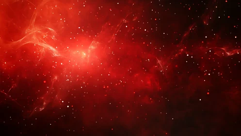 Glowing red nebula sky filled with drifting cosmic sparks.