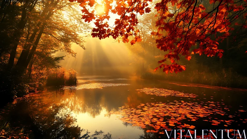 Autumn foliage and sunlight over reflective woodland lake.