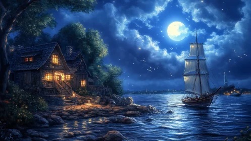 Moonlit coastal cottage and brig under luminous night sky