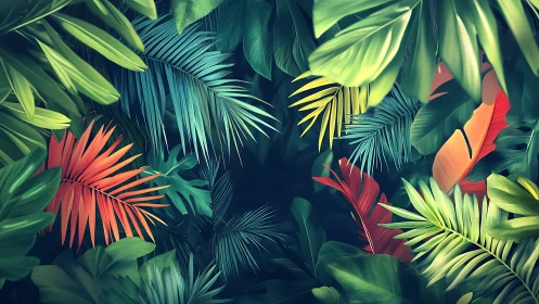 Lush jungle leaves glow in rich teal, lime, and sunset reds