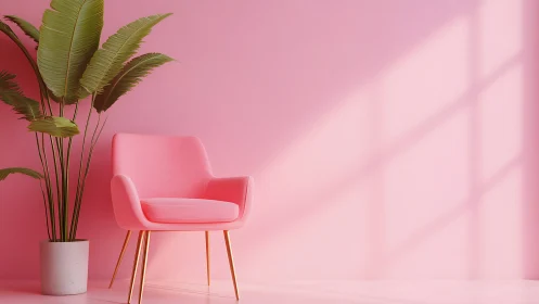 Pink accent lounge chair with tropical plant and soft shadows.
