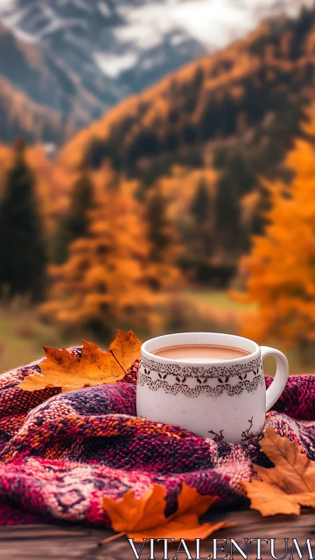 Hot drink on blanket in front of colorful autumn mountains.