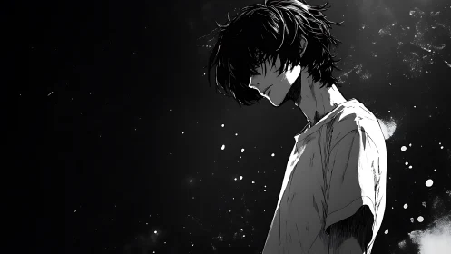 Side-lit anime figure isolated in high-contrast monochrome void