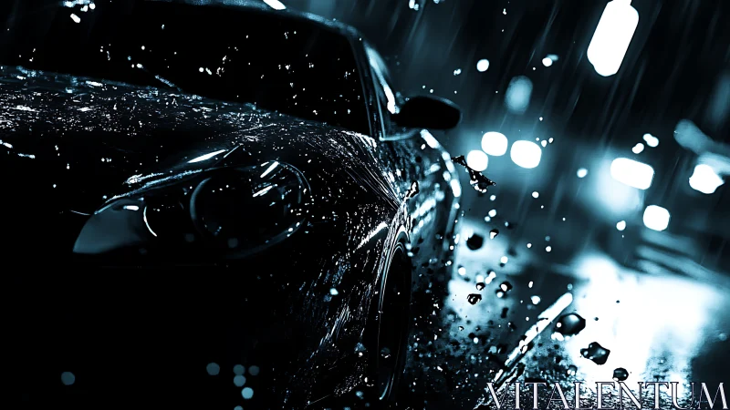 Sports car slices through neon rain on wet city street