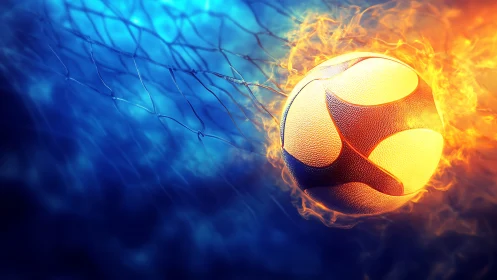Fire-lit volleyball impacts net against defocused blue background