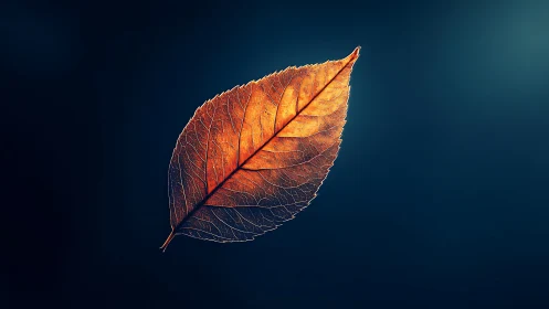 Dried orange leaf on dark blue background, centered view.