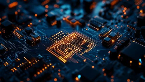 Cyberpunk PCB microchip core with neon circuitry glow design.