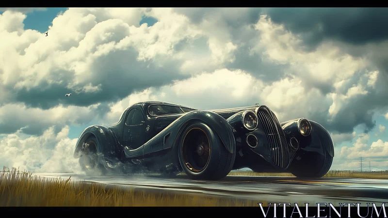 Graceful vintage supercar cruising under stormy skies.