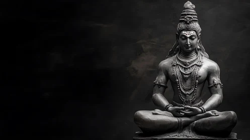 High-contrast metallic Shiva statue rendered with dramatic directional lighting