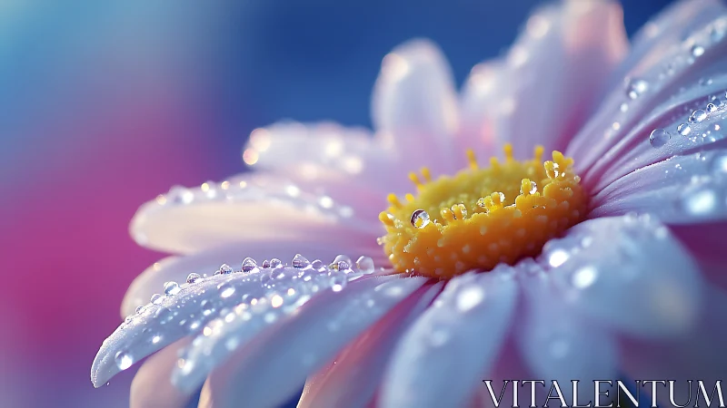 Daisy with water droplets on petals and yellow center disc.
