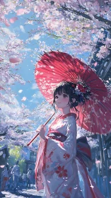 Kimono-clad girl under red wagasa in cherry blossom avenue