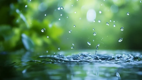 Photorealistic macro splash in tranquil forest water scene.