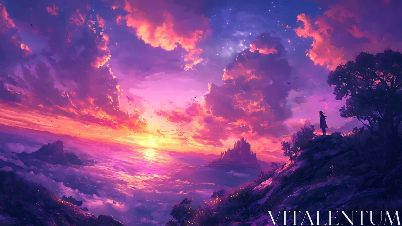 Wanderer watches luminous ocean sunset over distant citadel