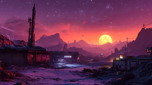 Glowing alien sunset bathes a quiet outpost in soft light