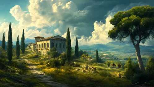 Sunlit Italian villa overlooks rolling countryside valley