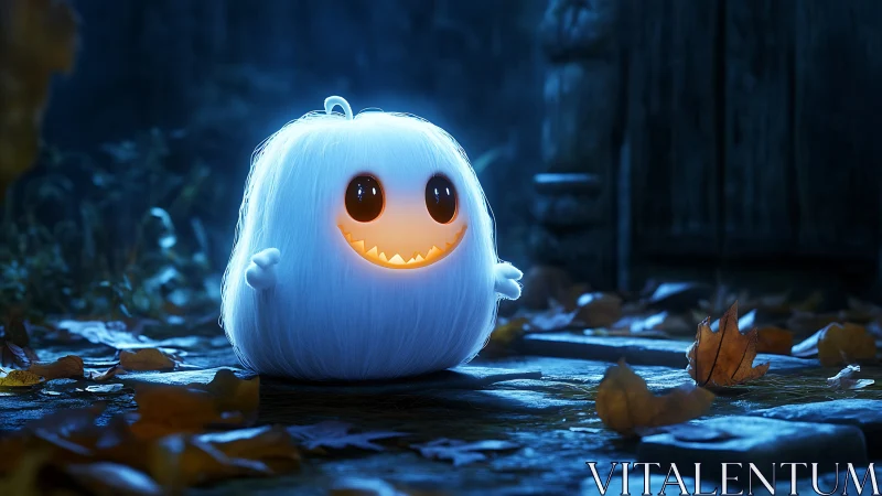 Fluffy jack-o-lantern ghost glowing on misty stone path.