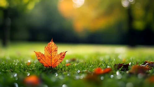 Single backlit maple leaf rests upright on wet grass