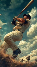 Powerful baseball swing under bright, dramatic skies.